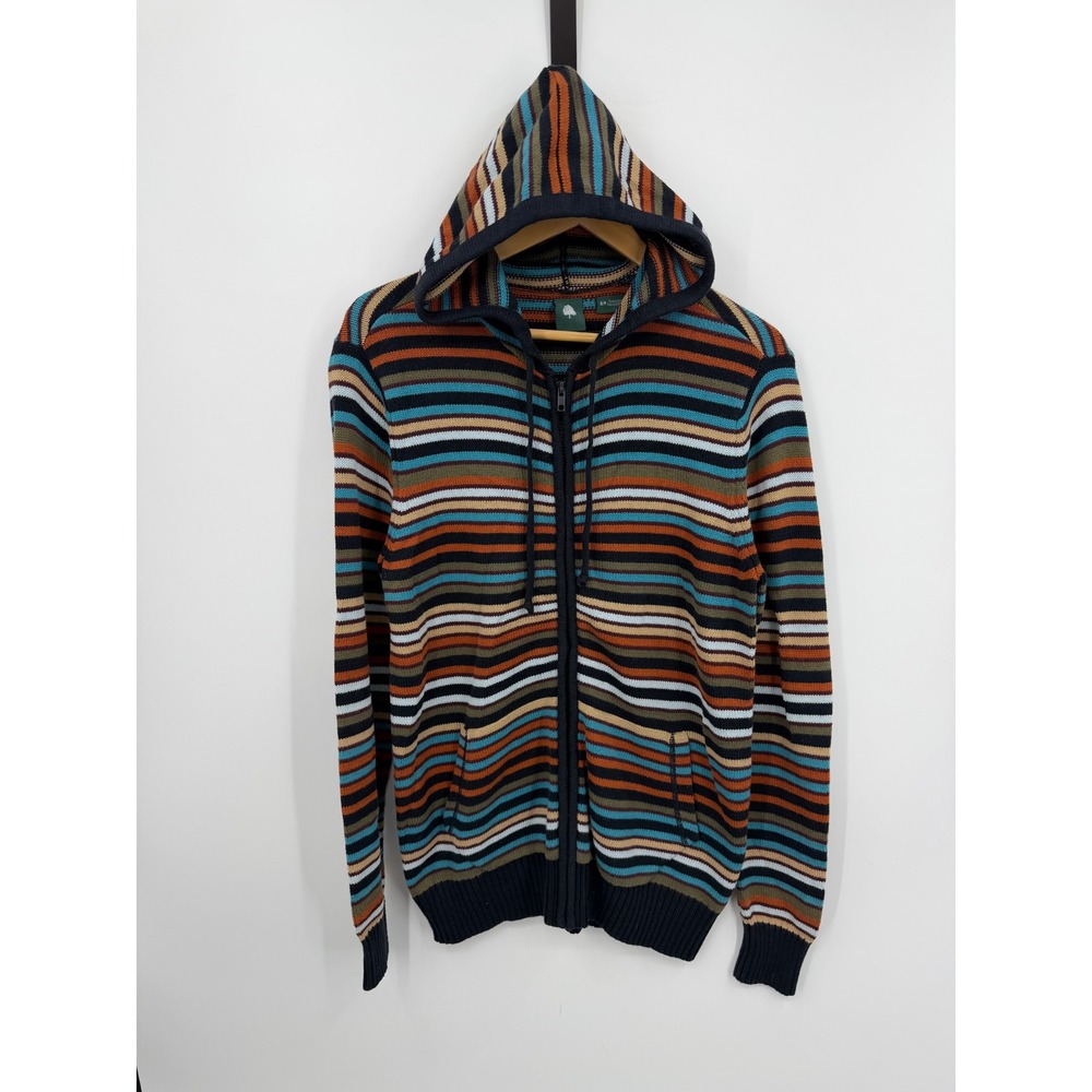 TenTree Logo Striped Zip Up Knit Hoodie Mens S Multicolor Cotton Blend Sweater
